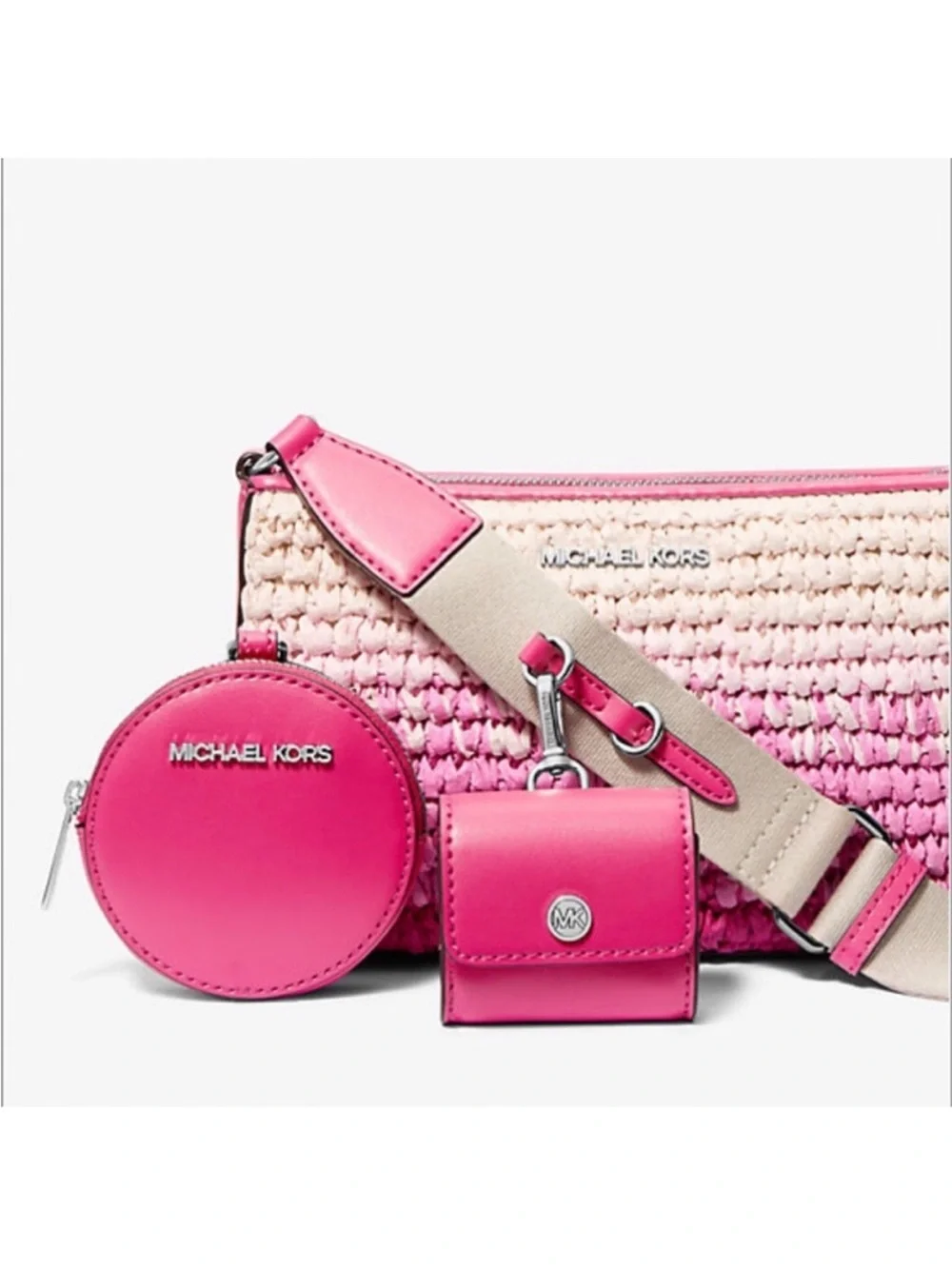 Michael Kors Pink and White Ombre Woven Crossbody with Removable Pouches